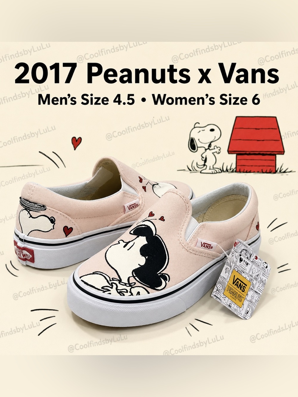 Vans Kids Peanuts Slip-On Sneakers in Light Pink with Snoopy & Lucy size 6